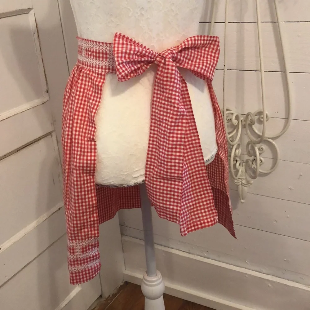 Lot Bundle of 2 Vintage Handmade Red Aprons Pockets